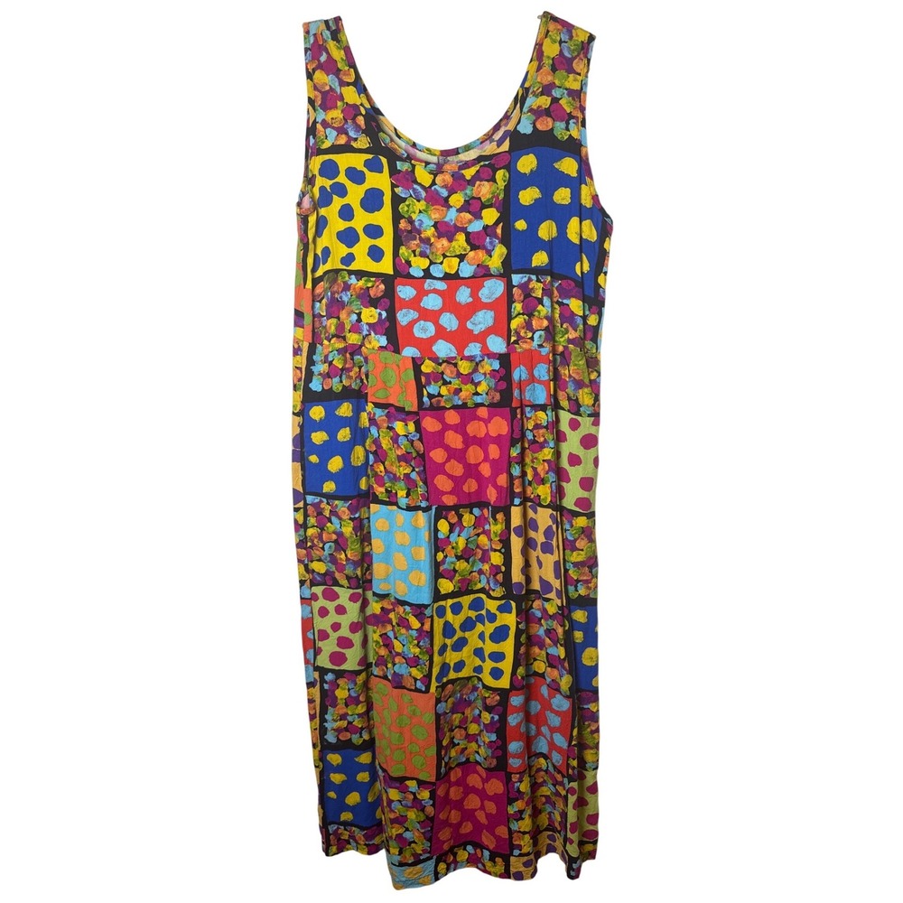 Jams World Womens Small Patchwork Polka Dot Rayon Sleeveless Midi Dress Pockets - Picture 2 of 6